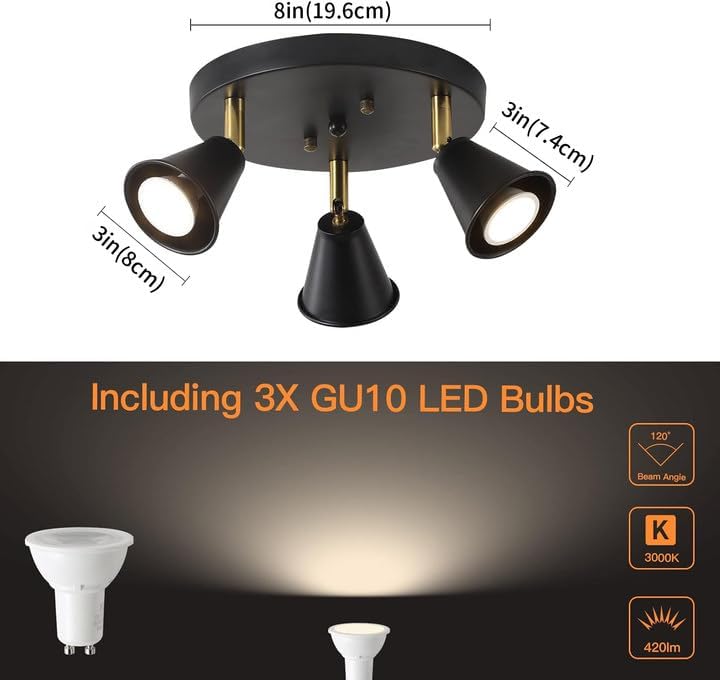 SEEBLEN 3-Light Industrial Directional Track Lighting, Adjustable Round Ceiling Spotlight, Morden Black Flush Mount Kitchen Light for Kitchen,Hallway,Dining Room,Porch,Office.Gu10 Bulbs Included - Image 4
